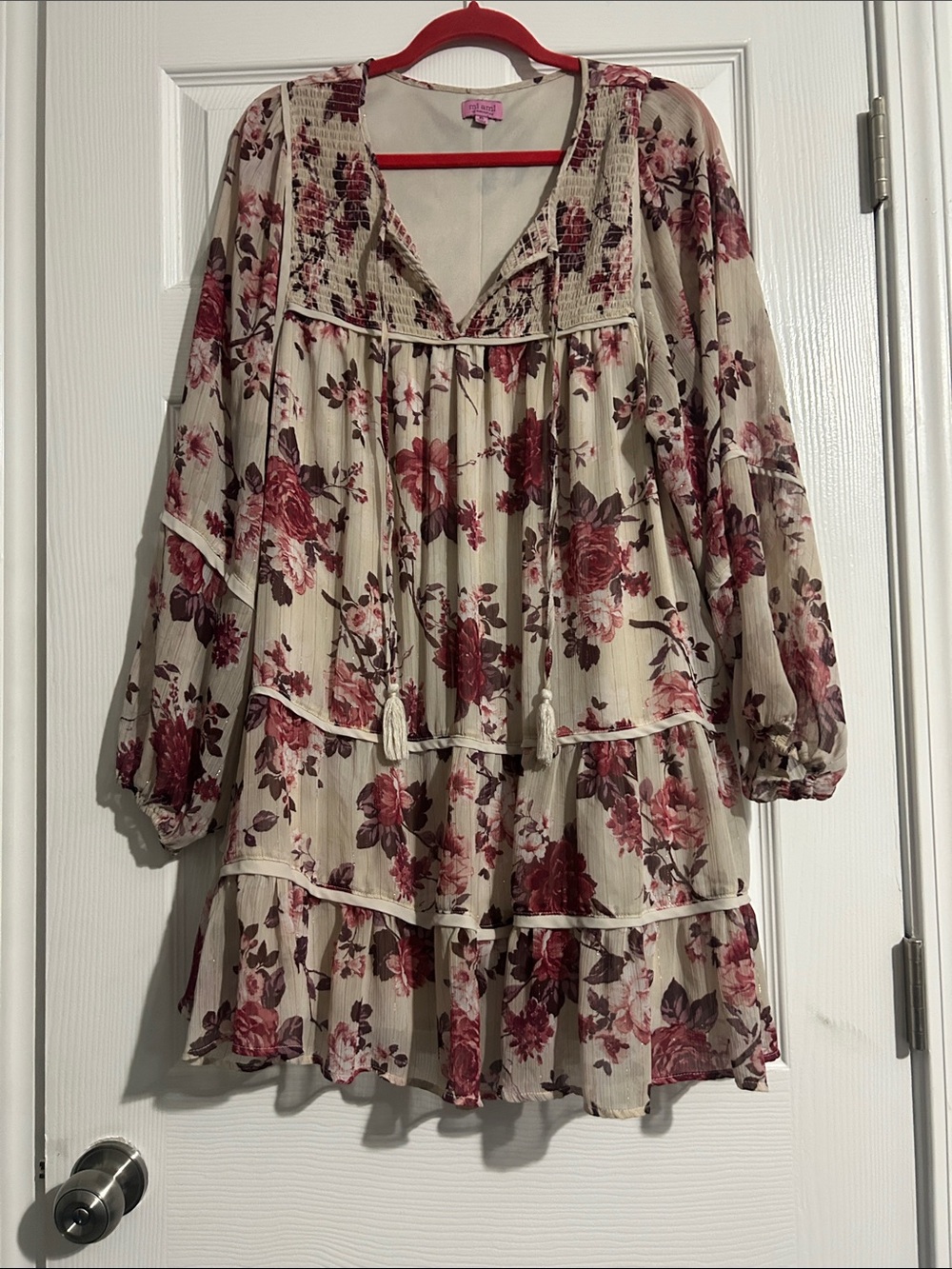 Boho Floral Tiered Tunic Blouse - Cream with Rose Print